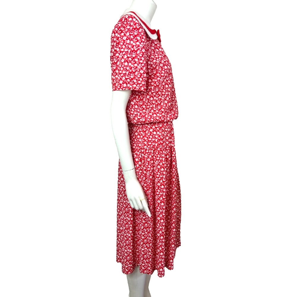 Vintage Patty ONeil Cottagecore Midi Dress M Red Floral Bow Peter Pan Collar EUC - Picture 10 of 14